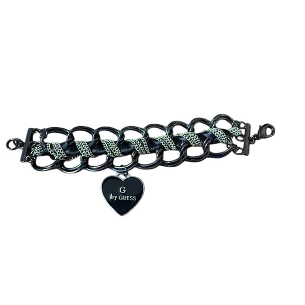 Guess silver and black 7" woven bracelet with dangle hart charm